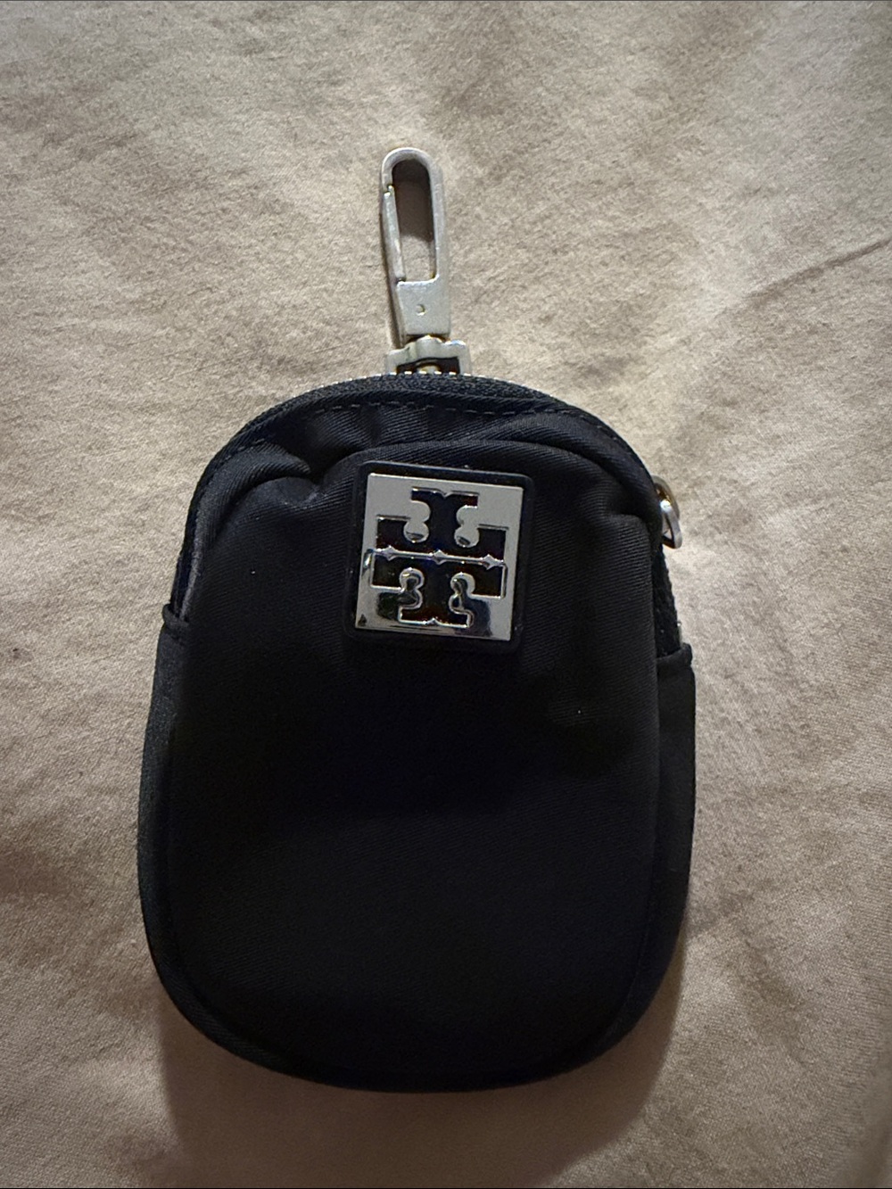 Tory Burch Black Nylon Clip-On Mini Pouch with Silver Logo